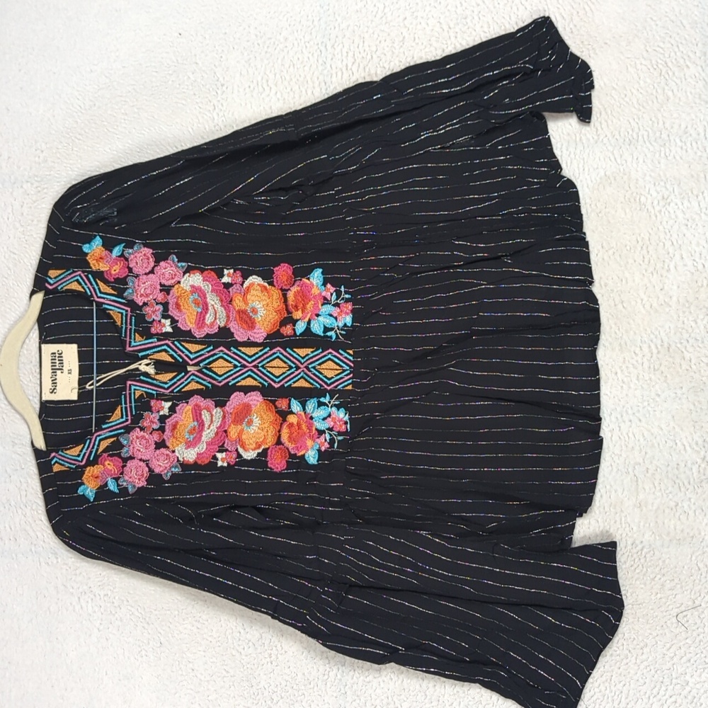 Savanna Jane Women's Metallic Pinstripe Boho Floral Embroidery Blouse Size XS